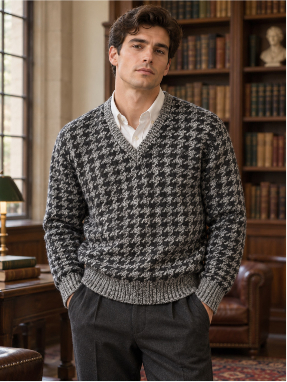 Jantzen Sweater Men’s L 100% Virgin Wool Houndstooth Grandpa Dark Academia Black